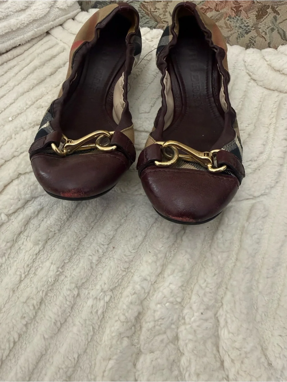 Burberry Beige Check Ballet Flats with Burgundy Leather & Gold Horsebit
